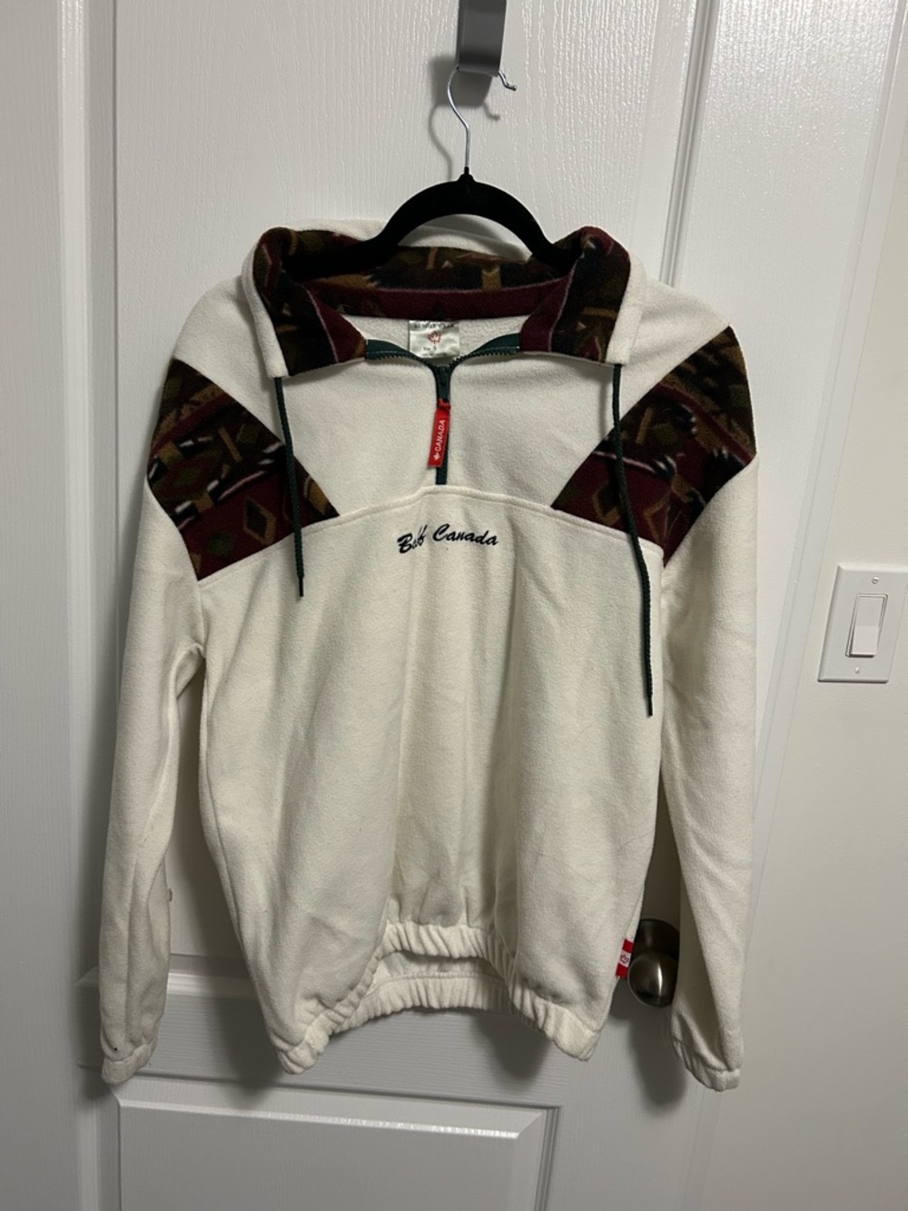 White Fleece Pullover Sweater with Patterned Accents